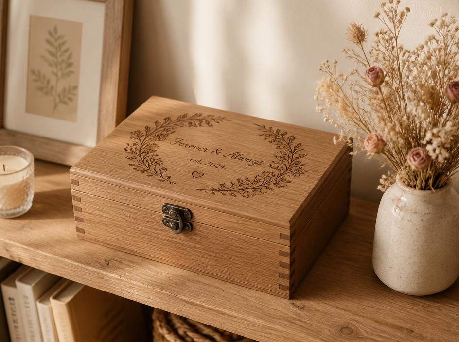 Engraved wooden keepsake box on a shelf